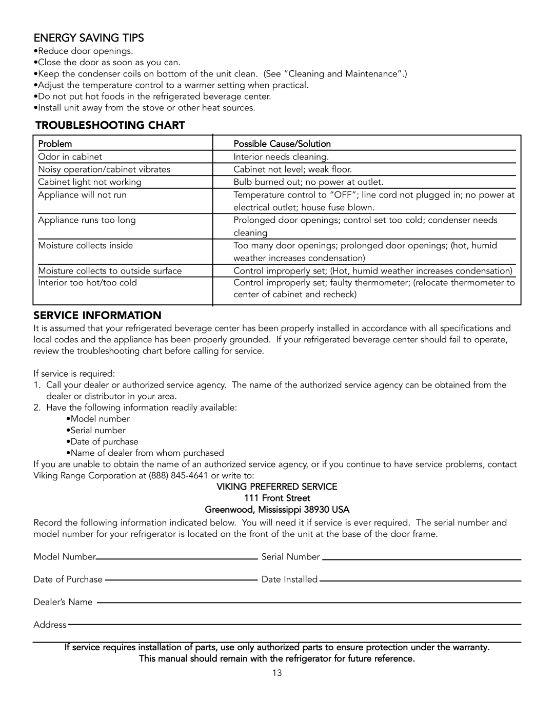 Viking DFUR154, DUAR153, DUAR154, VUAR153, VUAR154 installation instructions Troubleshooting Chart, Service Information 