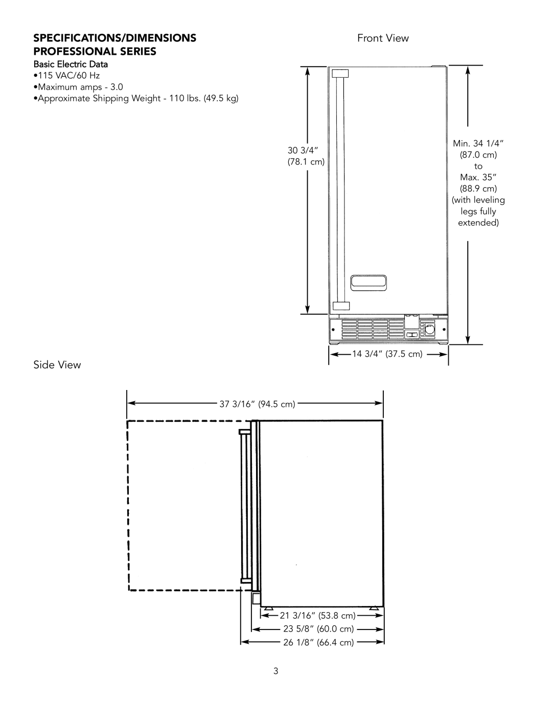 Viking DFUR154, DUAR153, DUAR154, VUAR153, VUAR154 installation instructions Specifications/Dimensions, Professional Series 