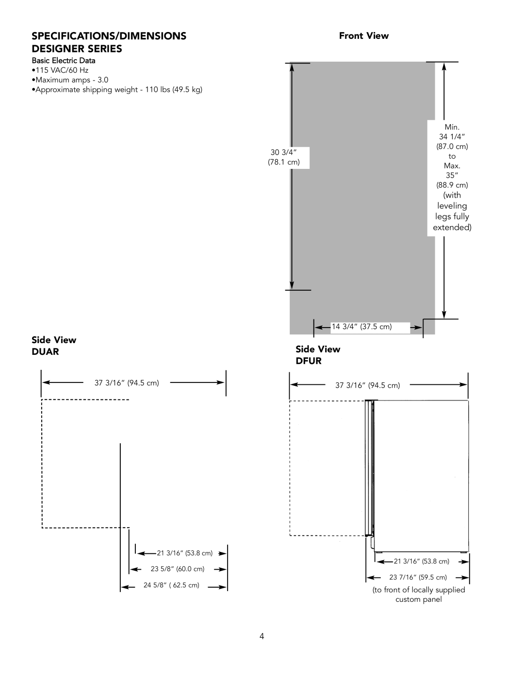 Viking VUAR154, DUAR153, DUAR154, VUAR153, DFUR154 SPECIFICATIONS/DIMENSIONS Designer Series, Side View, Front View 