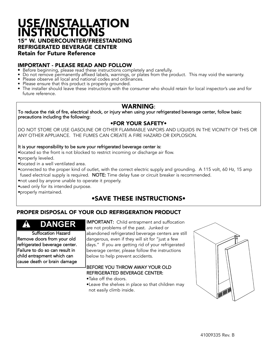 Viking DUAR154, DUAR153 installation instructions Save These Instructions, Retain for Future Reference, For Your Safety 
