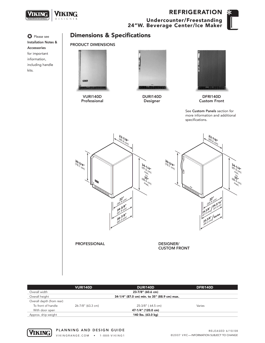 Viking Dimensions & Specifications, Product Dimensions VURI140D DURI140D DFRI140D, Professional Designer Custom Front 