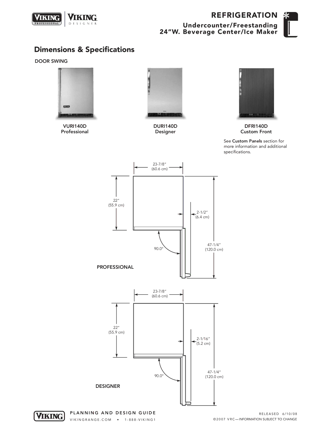 Viking specifications Door Swing VURI140D DURI140D DFRI140D, Professional 