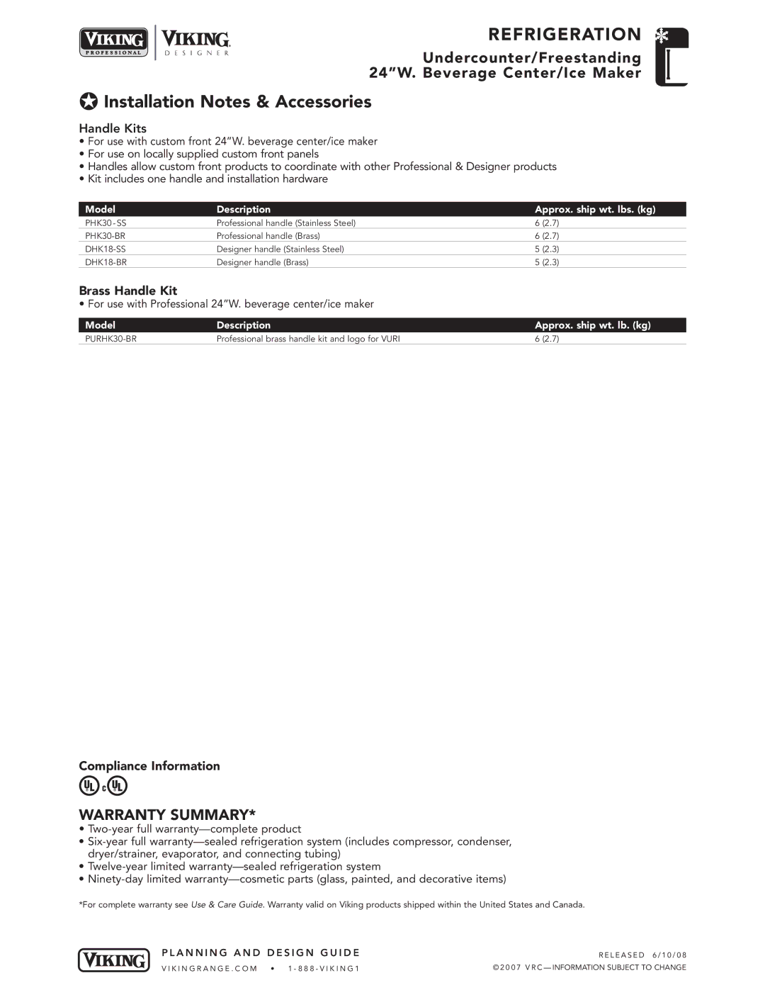 Viking DFRI140D, DURI140D, VURI140D specifications Installation Notes & Accessories, Brass Handle Kit, Compliance Information 