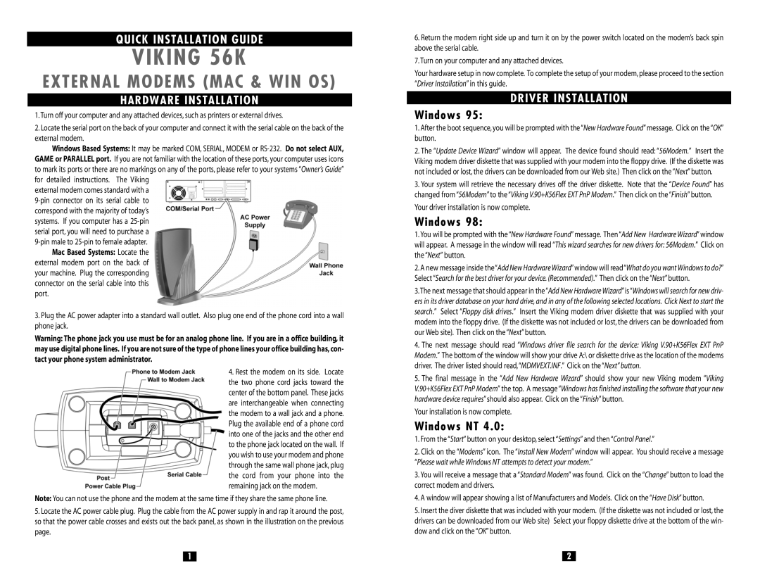 Viking Electronics 56K manual Quick Installation Guide, Hardware Installation, Driver Installation, Windows NT 