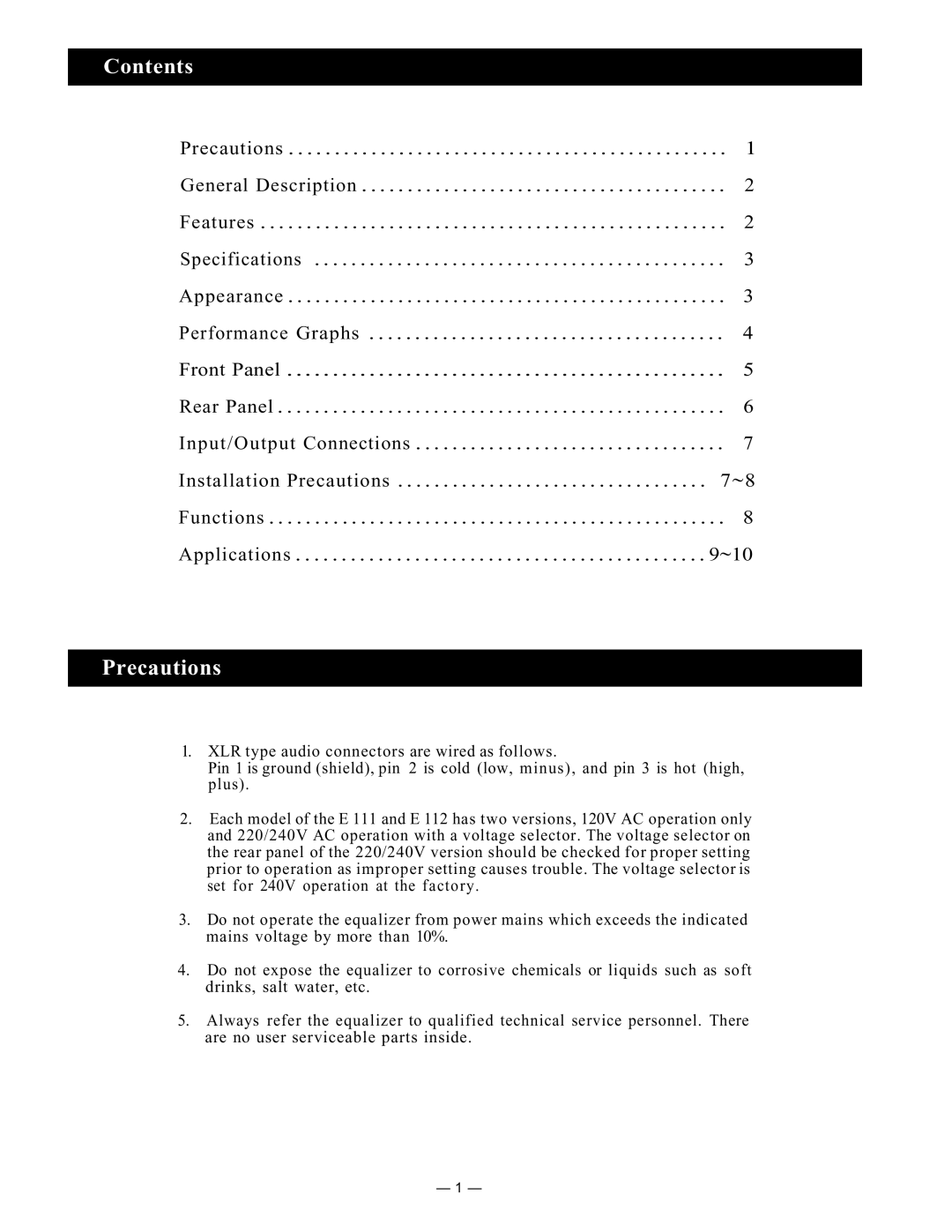 Viking Electronics E111 instruction manual Precautions, Contents 