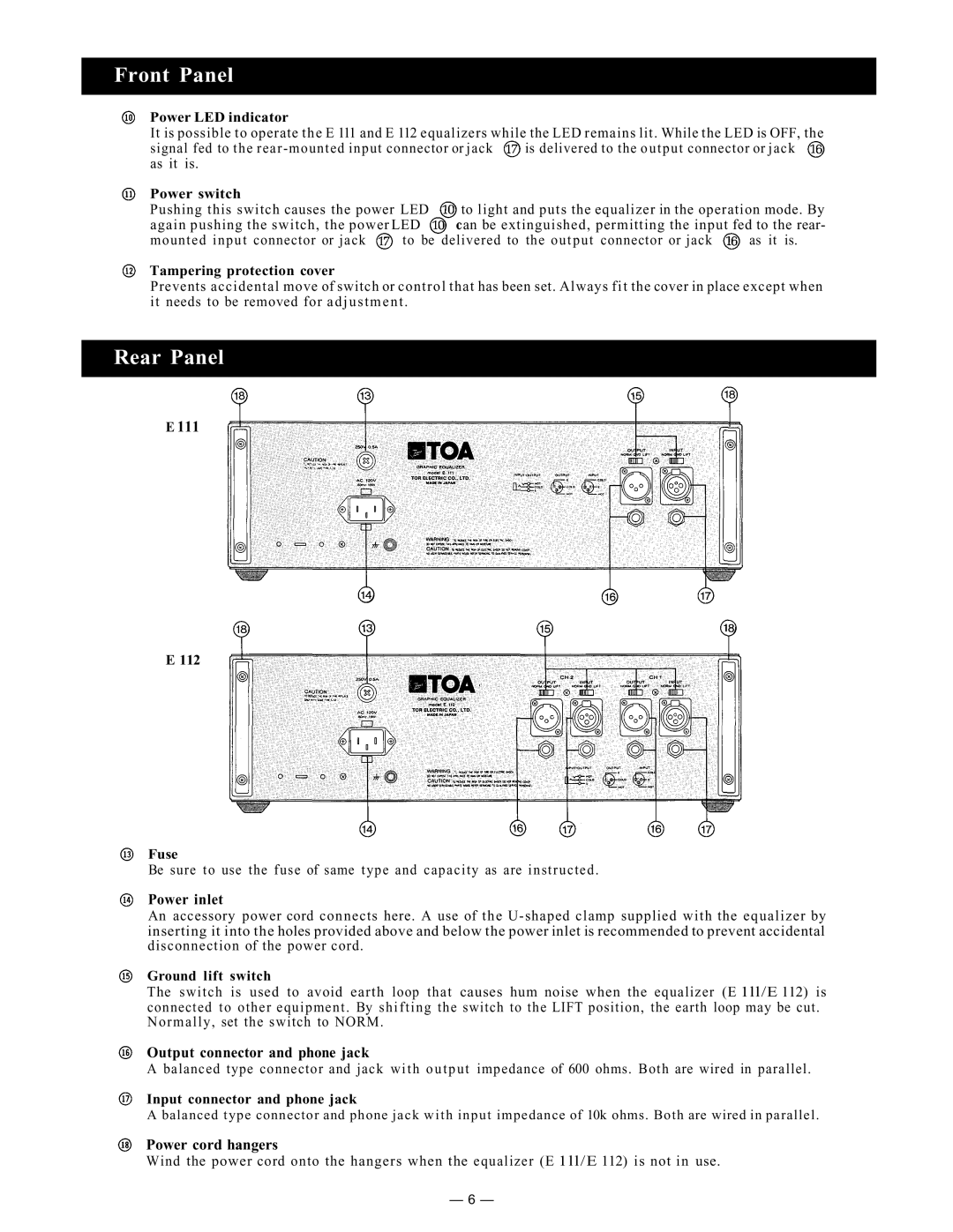 Viking Electronics E111 Power LED indicator, Power switch, Tampering protection cover, Fuse, Ground lift switch 