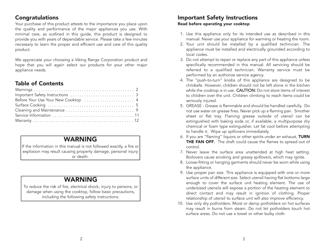 Viking Electronics F20033E manual Congratulations, Table of Contents, Important Safety Instructions 