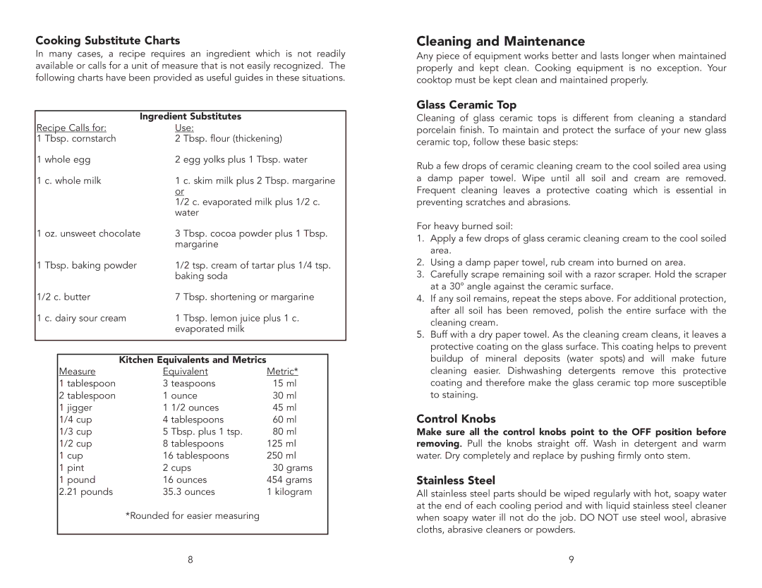 Viking Electronics F20033E manual Cleaning and Maintenance, Cooking Substitute Charts, Glass Ceramic Top, Control Knobs 