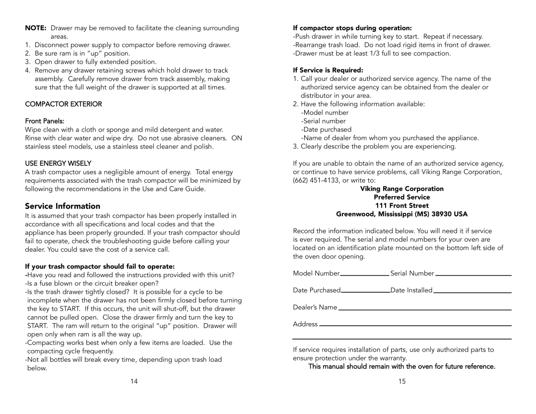 Viking F1213F Service Information, If your trash compactor should fail to operate, If compactor stops during operation 