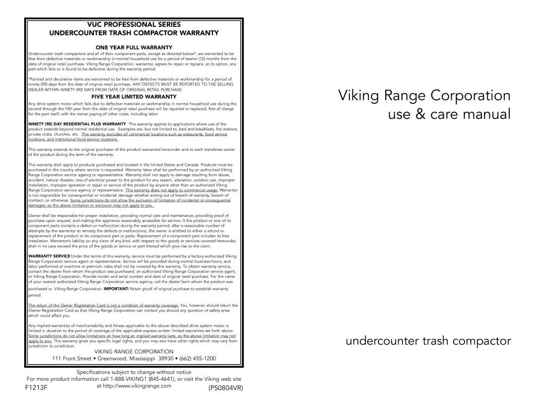Viking F1213F warranty Viking Range Corporation use & care manual, undercounter trash compactor, Vuc Professional Series 