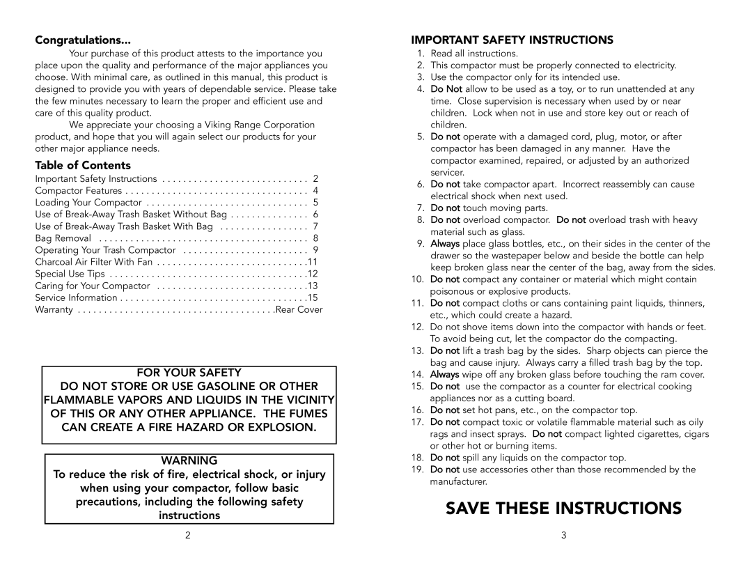 Viking F1213F warranty Congratulations, Table of Contents, Important Safety Instructions, Save These Instructions 