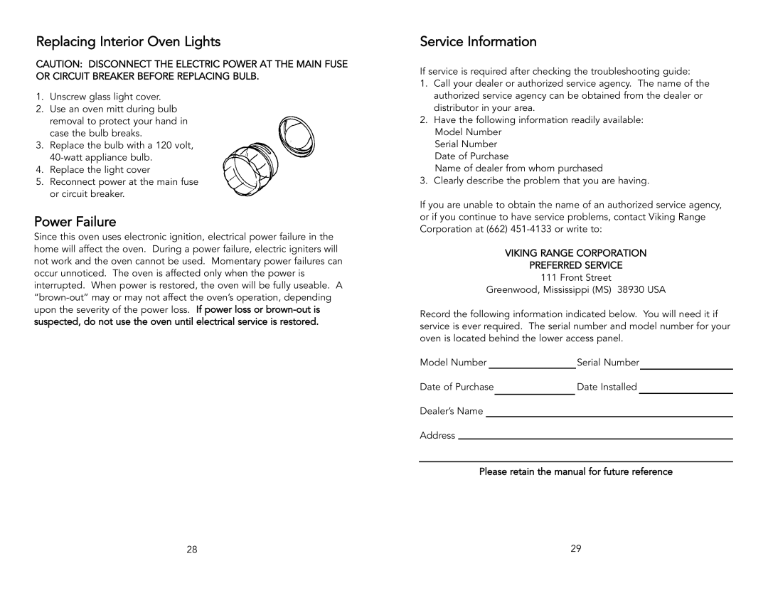 Viking F1321D, F131D warranty Replacing Interior Oven Lights, Power Failure, Service Information 