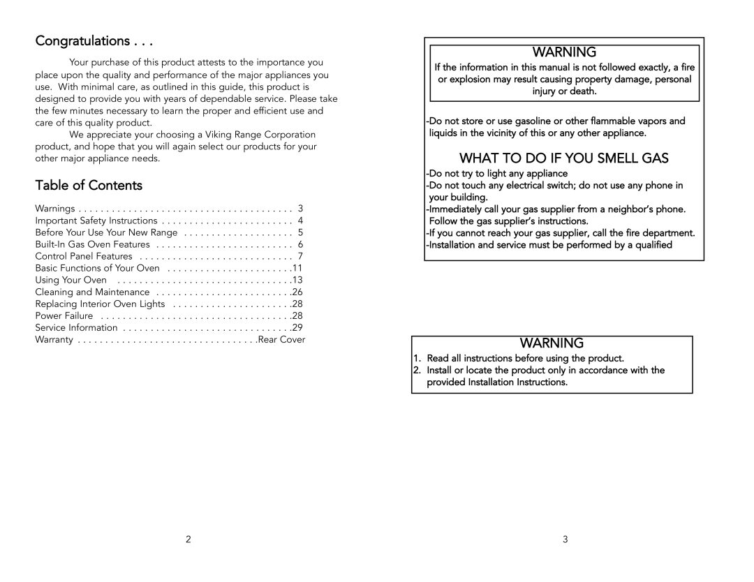 Viking F131D, F1321D warranty Congratulations, Table of Contents 