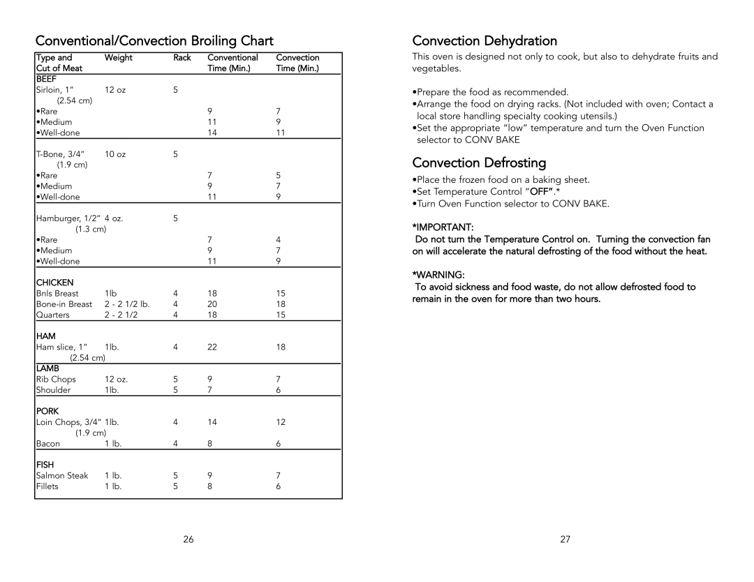 Viking F1484D manual Conventional/Convection Broiling Chart, Convection Dehydration, Convection Defrosting 