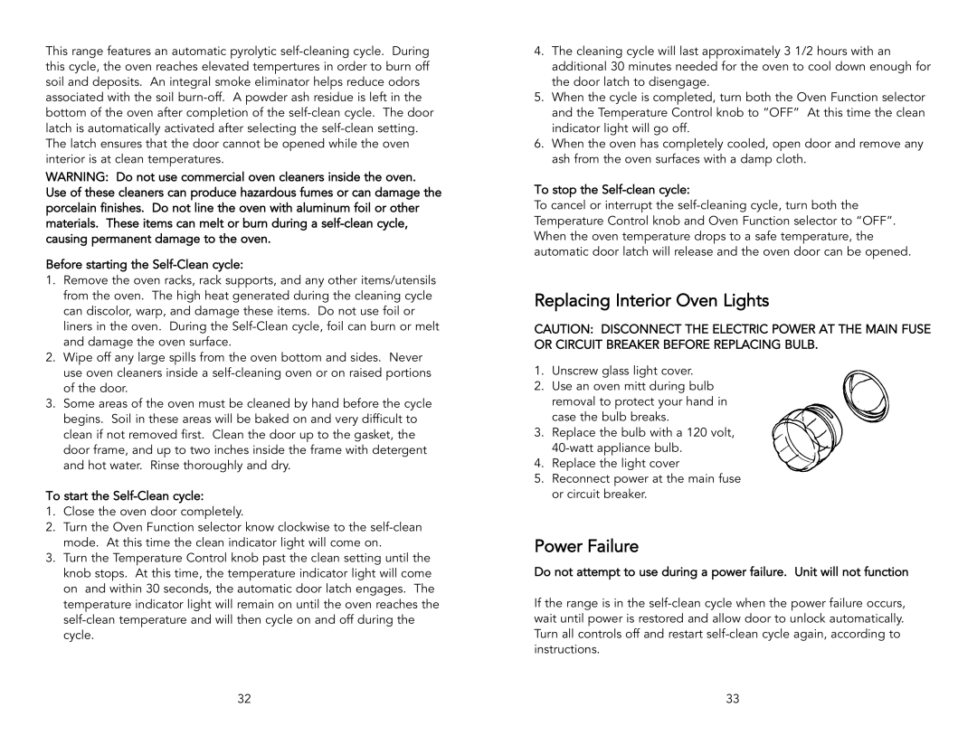 Viking Electric Rangetops/Ranges, F1484D manual Replacing Interior Oven Lights, Power Failure 