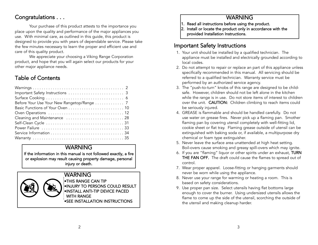 Viking F1484D, Electric Rangetops/Ranges manual Congratulations, Table of Contents, Important Safety Instructions 