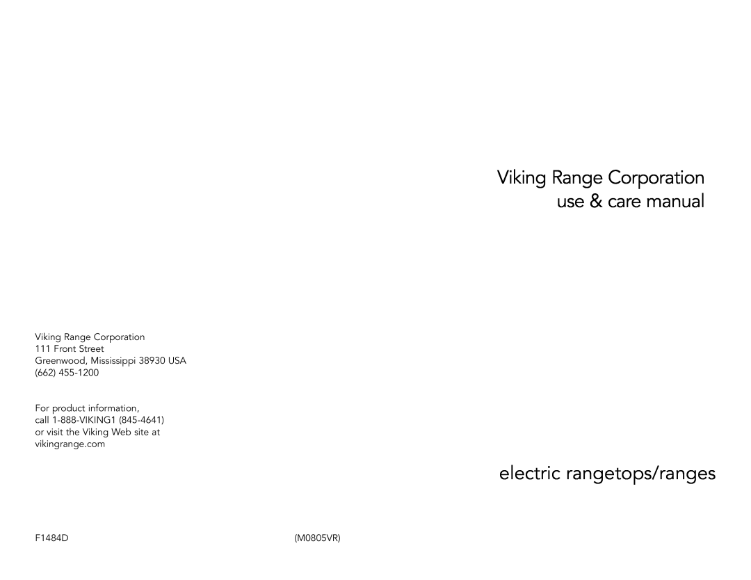 Viking Electric Rangetops/Ranges, F1484D manual electric rangetops/ranges, Viking Range Corporation use & care manual 