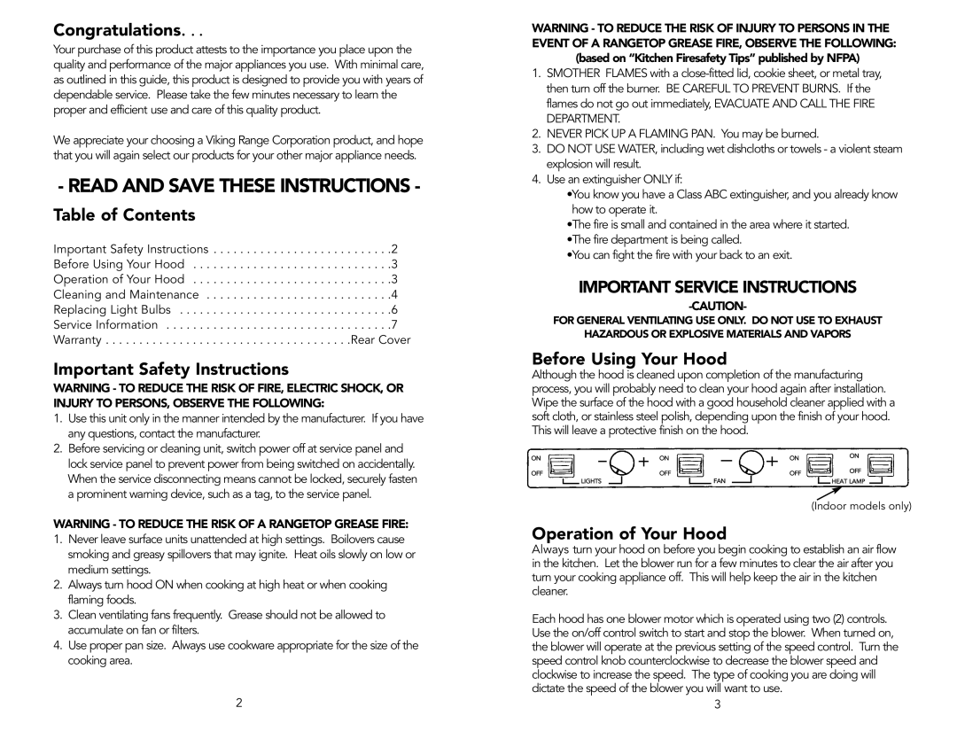 Viking F1570F warranty Congratulations, Table of Contents, Important Safety Instructions, Before Using Your Hood 