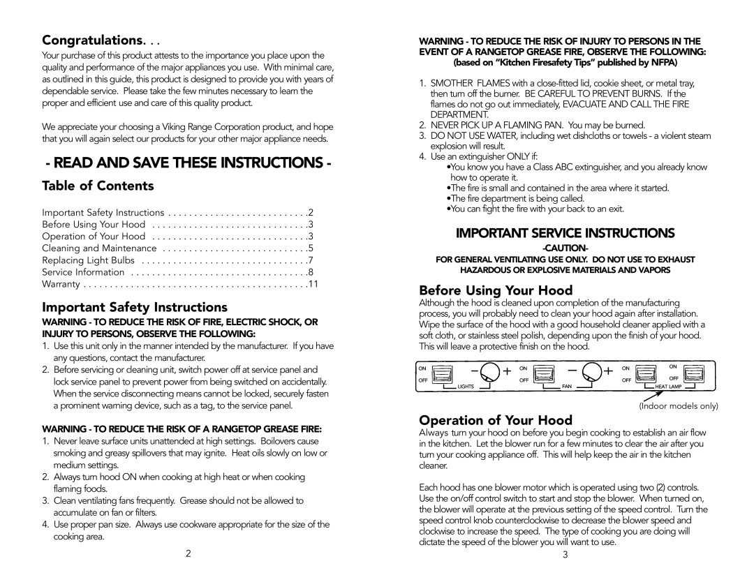 Viking F1570J manual Congratulations, Table of Contents, Important Safety Instructions, Before Using Your Hood 