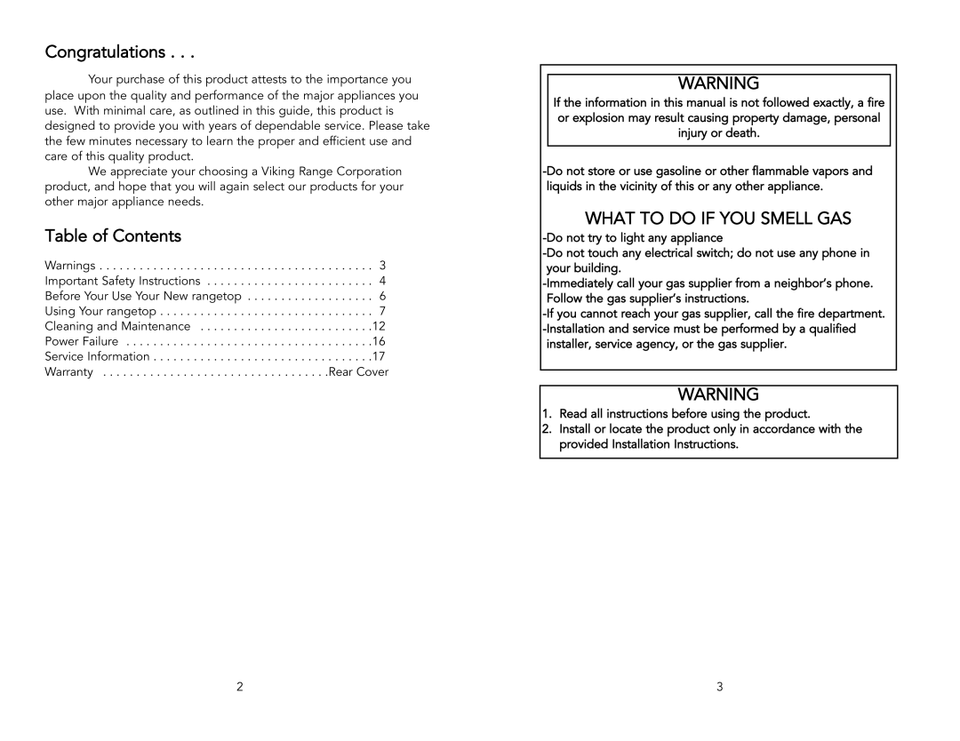 Viking F1605G warranty Congratulations, Table of Contents 