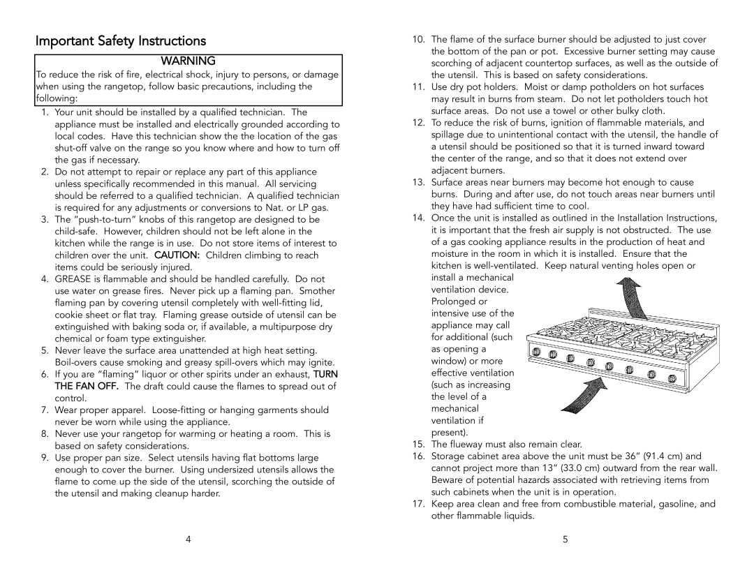 Viking F1605G warranty Important Safety Instructions 