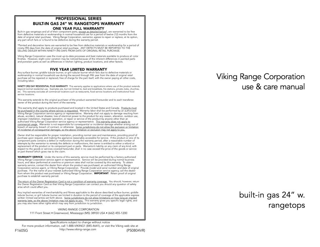 Viking F1605G warranty built-in gas 24” w. rangetops, Viking Range Corporation use & care manual, One Year Full Warranty 