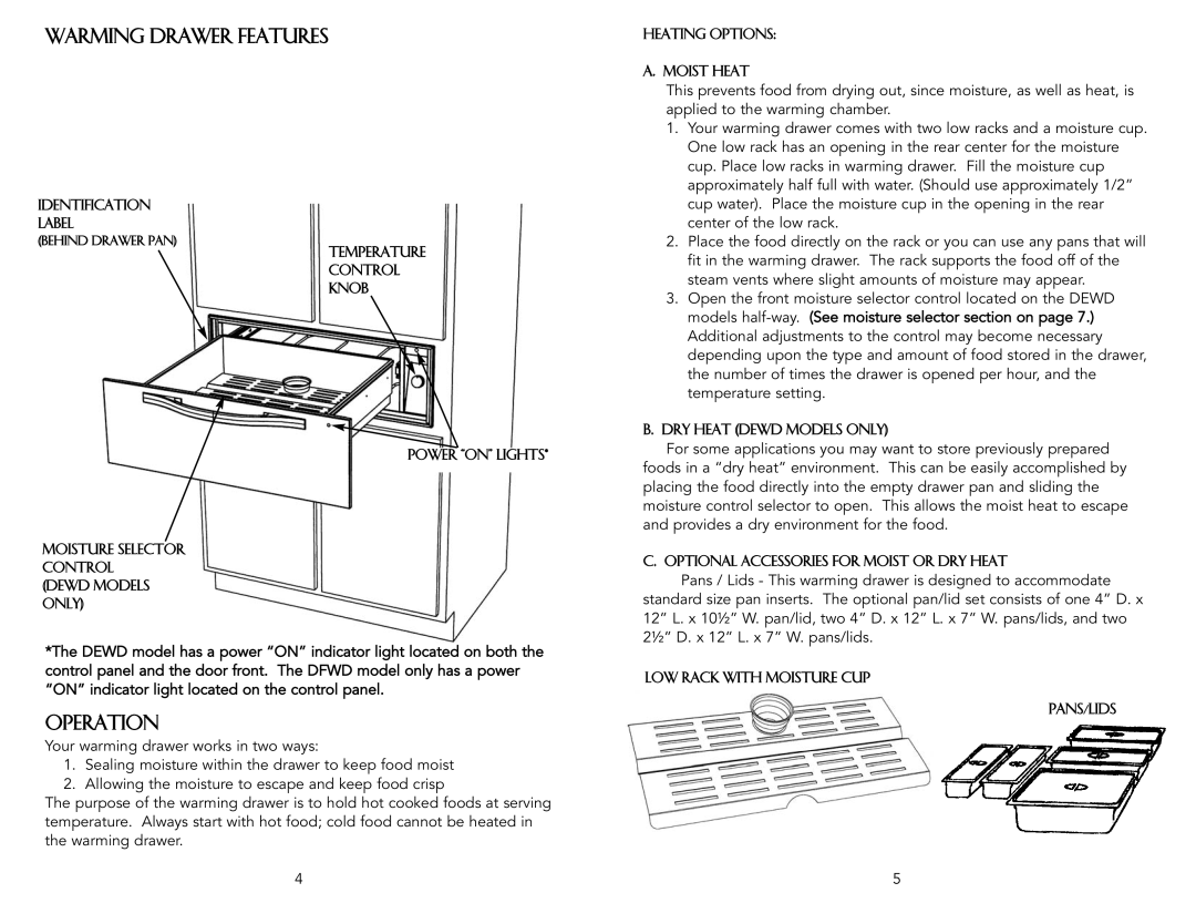 Viking F20021C warranty Warming Drawer Features, Operation 