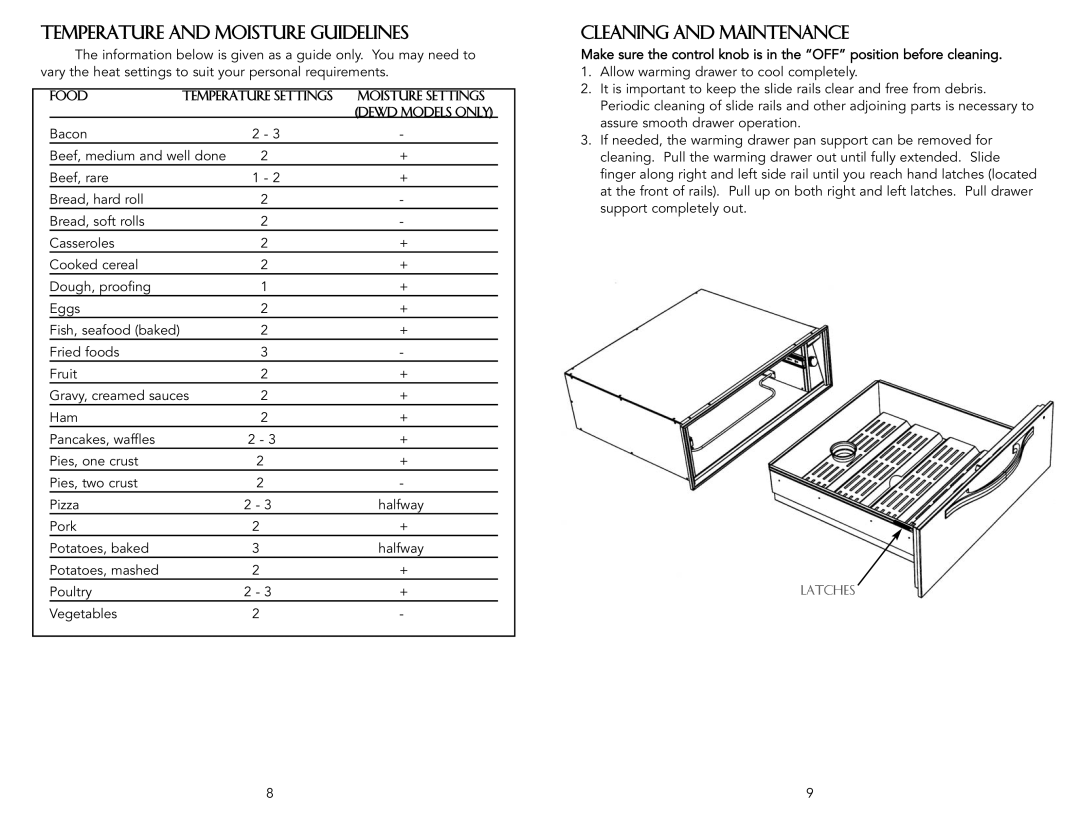 Viking F20021C warranty Temperature and Moisture Guidelines, Cleaning and Maintenance 