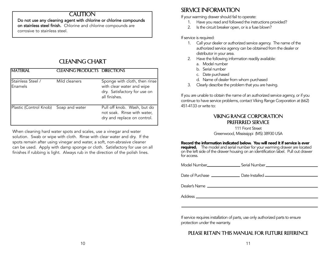 Viking F20021C warranty Cleaning Chart, Service Information 