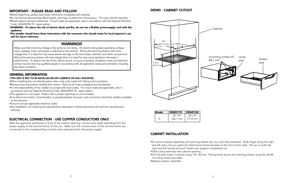 Viking F20022J EN Important Please Read and Follow, General Information, Electrical Connection USE Copper Conductors only 