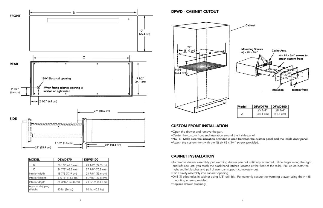 Viking F20022J EN manual Custom Front Installation, DFWD170 DFWD100, Model DEWD170 DEWD100 