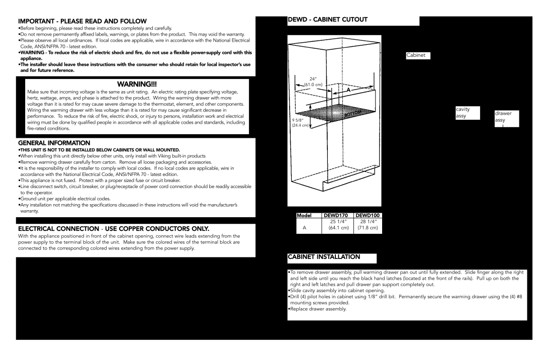 Viking F20022J EN Important - Please Read And Follow, General Information, Dewd - Cabinet Cutout, Cabinet Installation 