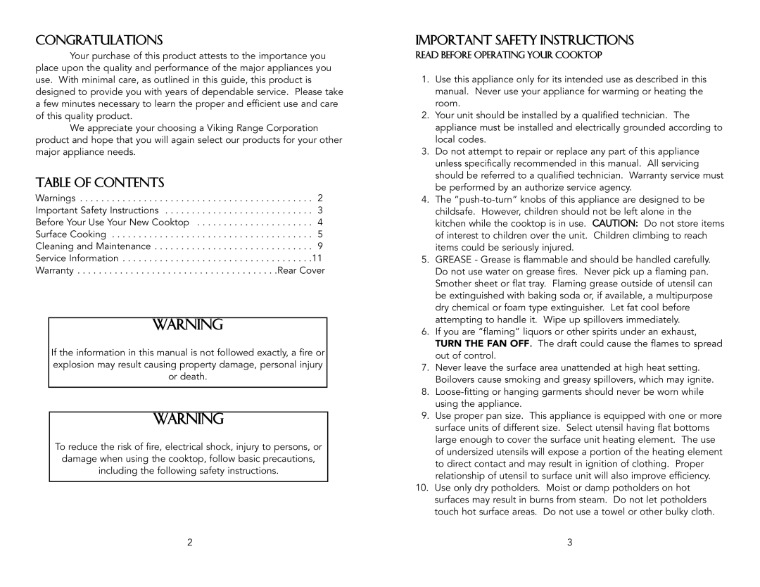 Viking F20033C warranty Congratulations, Table of Contents, Important Safety Instructions 