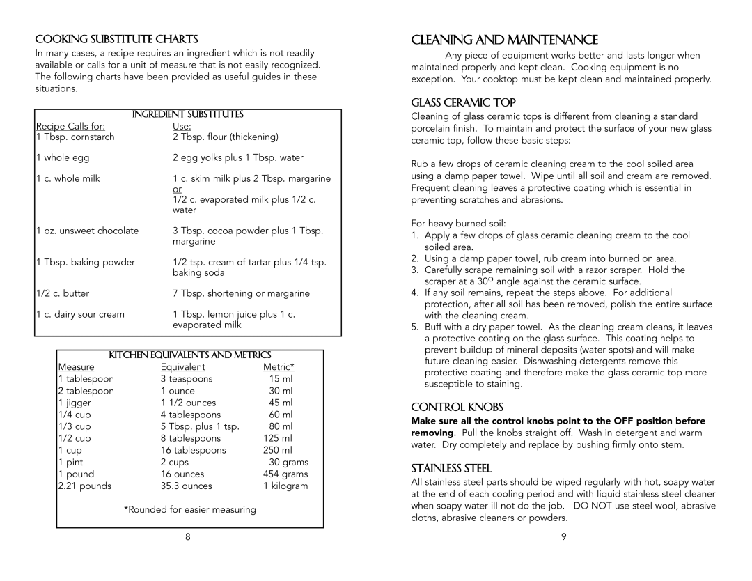 Viking F20033C Cleaning and Maintenance, Cooking Substitute Charts, Glass Ceramic Top, Control Knobs, Stainless steel 