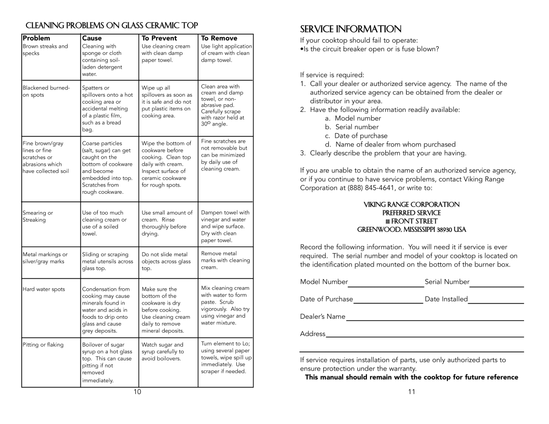 Viking F20033C warranty Service Information, Cleaning Problems on Glass Ceramic Top, Problem Cause To Prevent To Remove 