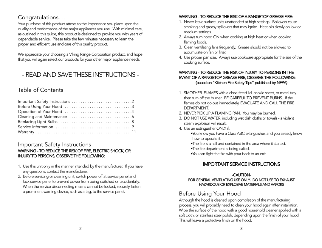 Viking F20039C manual Congratulations, Table of Contents, Important Safety Instructions, Before Using Your Hood 