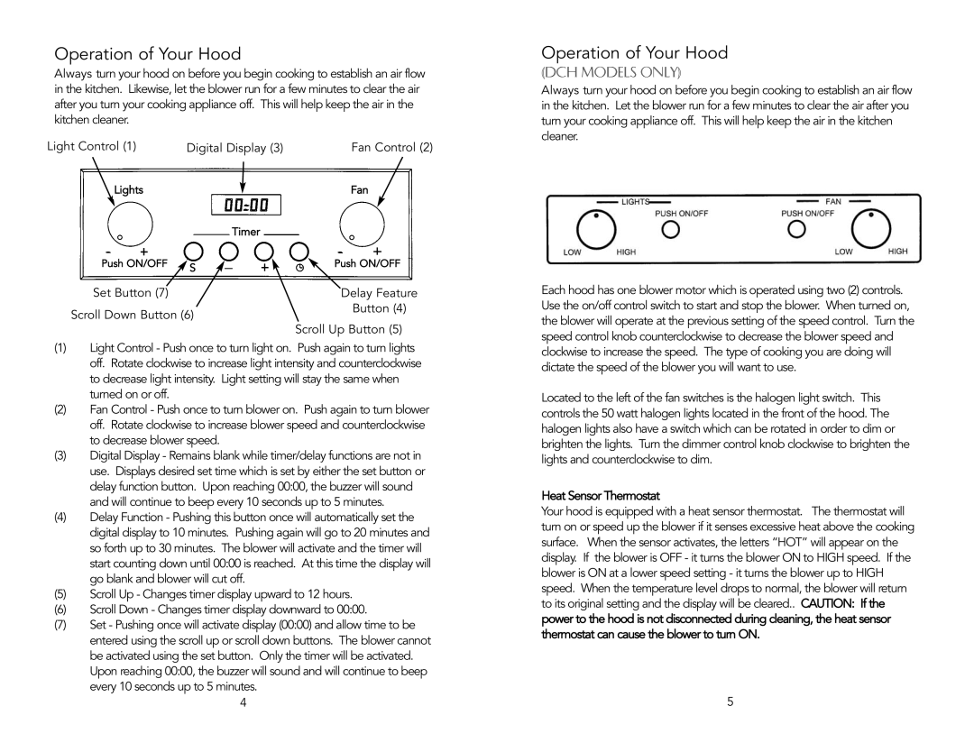 Viking F20039C manual Operation of Your Hood, Set Button Scroll Down Button, Delay Feature Button Scroll Up Button 