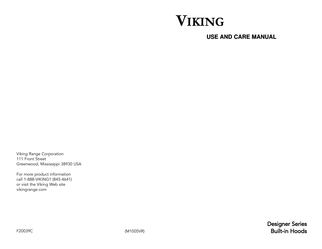Viking F20039C manual Built-in Hoods, Viking, Use And Care Manual, Designer Series 