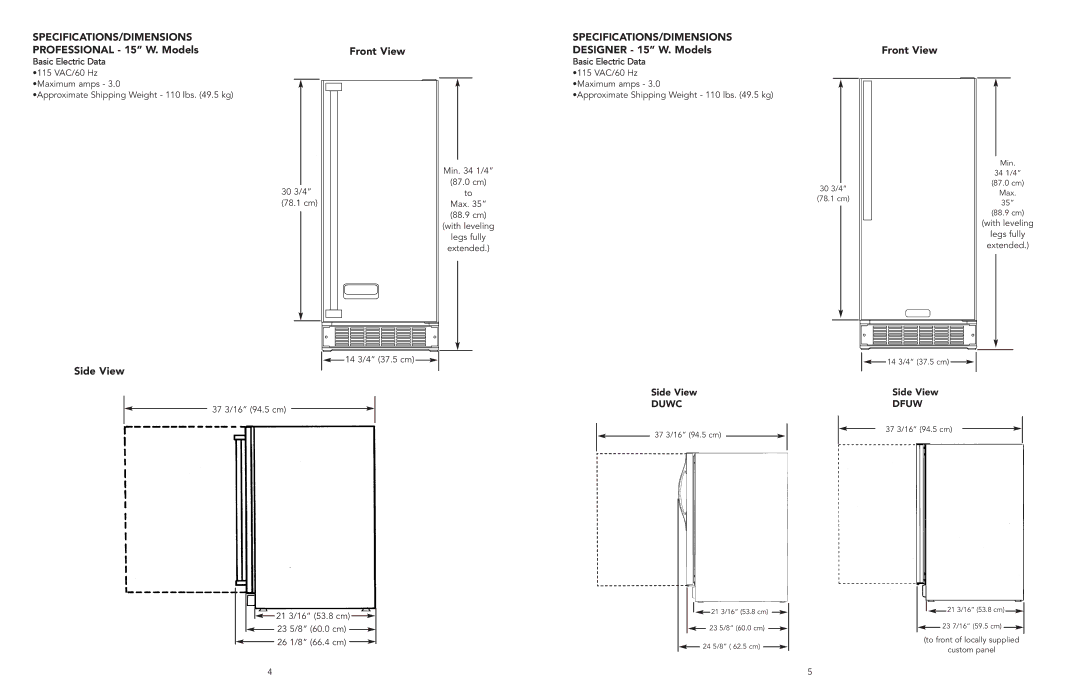 Viking F20050 EN manual SPECIFICATIONS/DIMENSIONS Professional 15 W. Models, Front View, Side View, 14 3/4 37.5 cm 