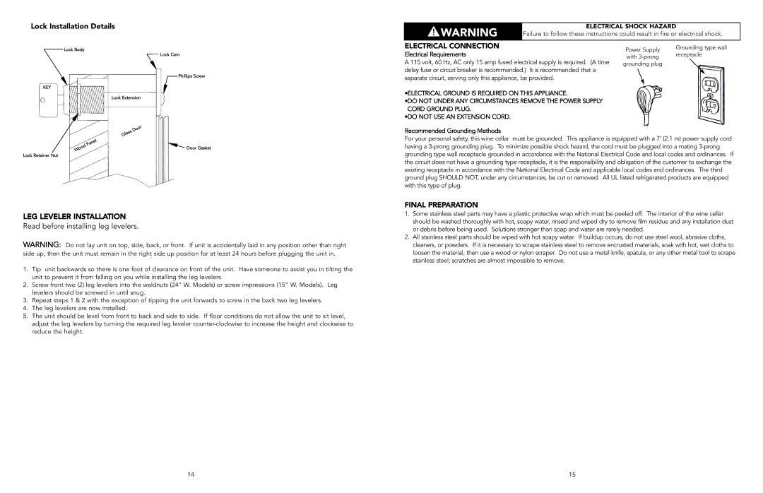 Viking F20050 EN Lock Installation Details, Electrical Connection, Read before installing leg levelers, Final Preparation 