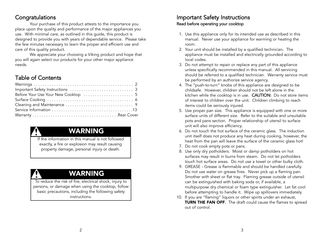 Viking F20111B (M0306VR) manual Congratulations, Table of Contents, Important Safety Instructions 