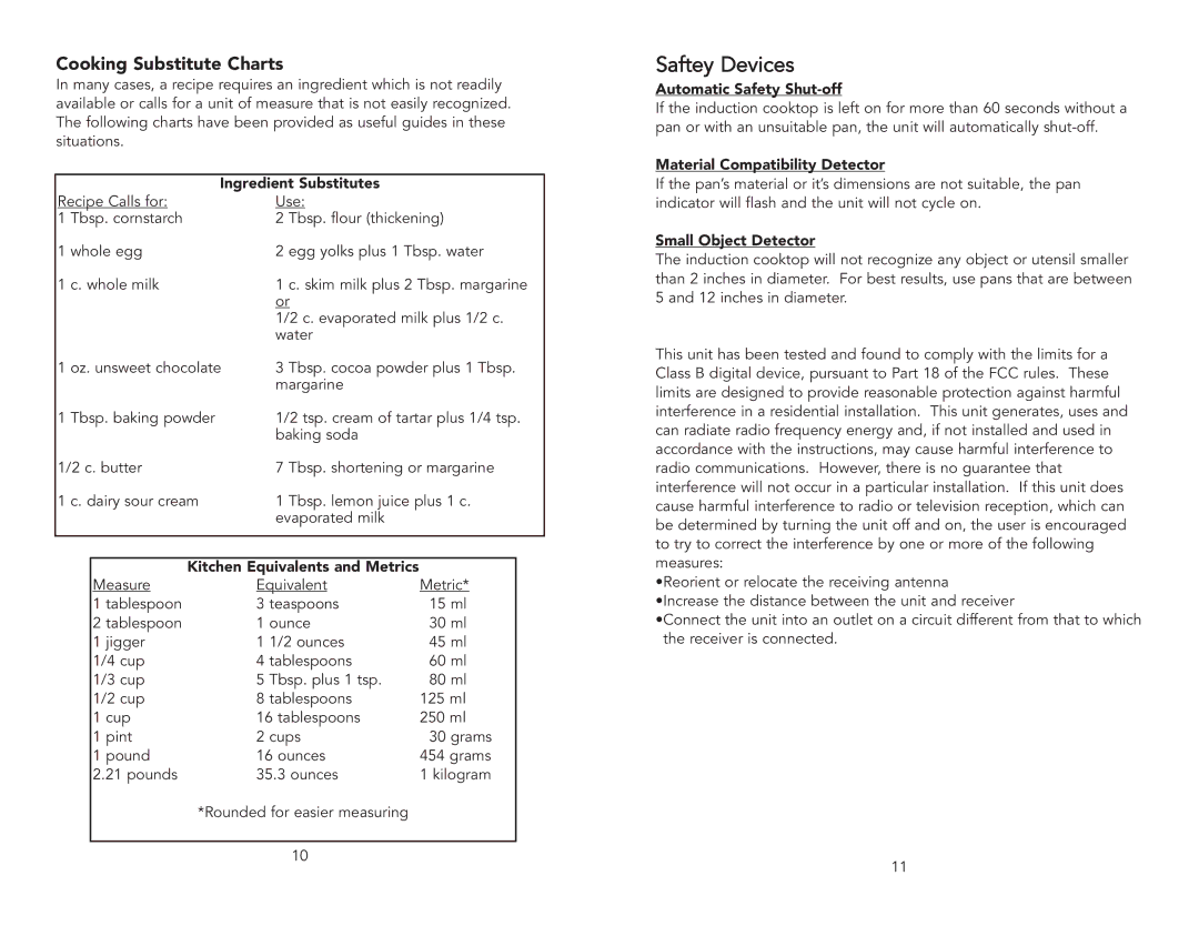 Viking F20111B (M0306VR) manual Saftey Devices, Cooking Substitute Charts 