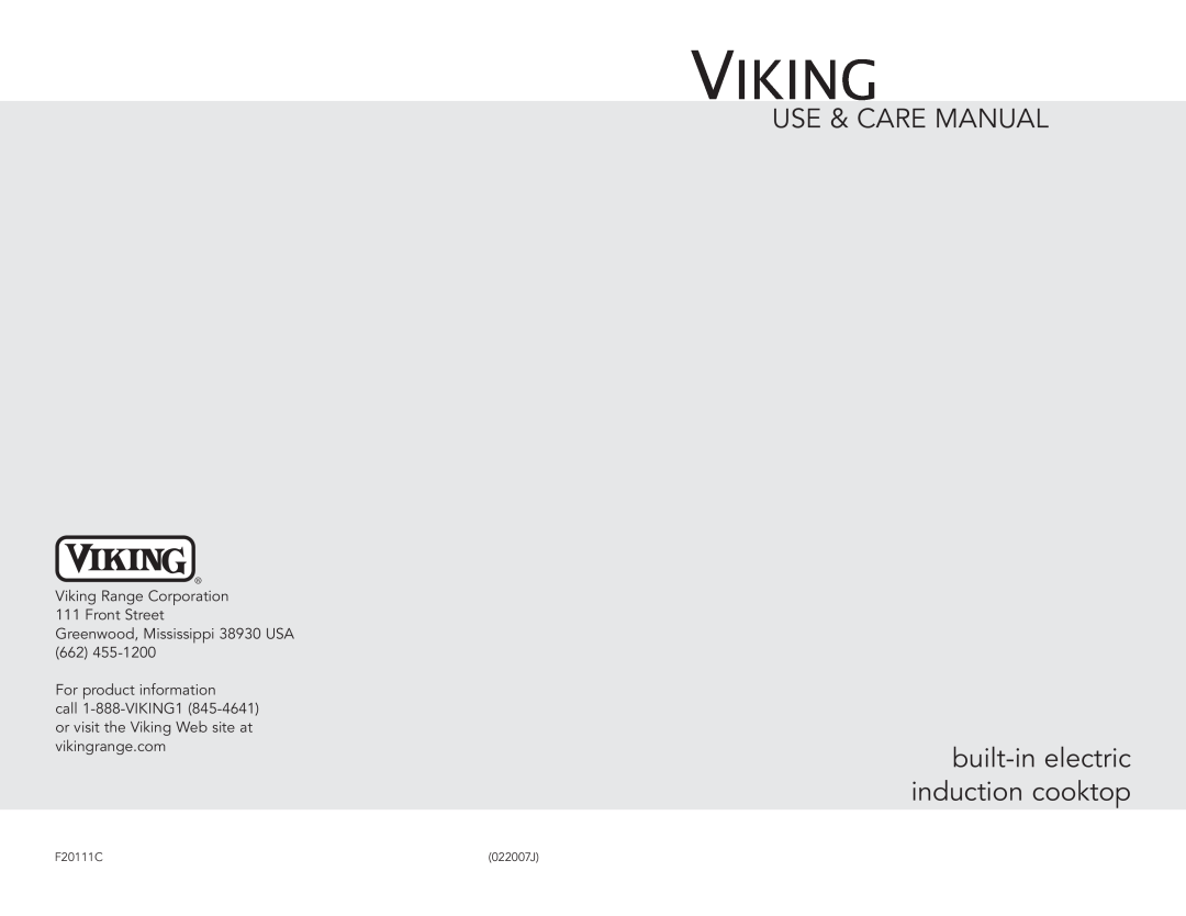 Viking F20111B (M0306VR) manual USE & CARE MANUAL built-in electric induction cooktop, Viking, 022007J 