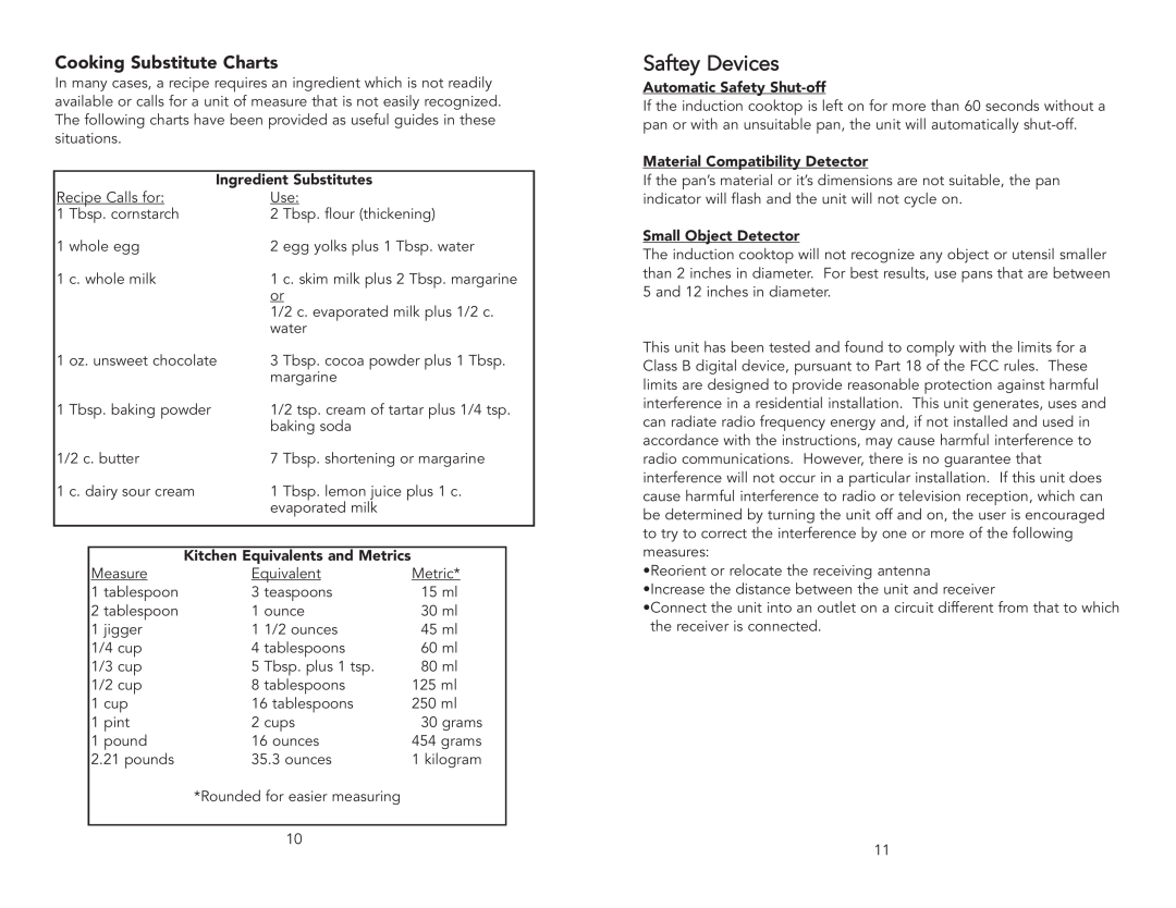 Viking F20111 manual Saftey Devices, Cooking Substitute Charts, Ingredient Substitutes, Kitchen Equivalents and Metrics 