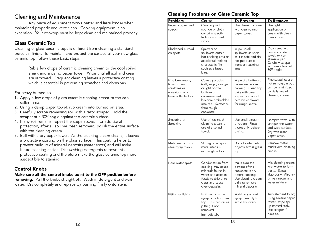 Viking F20111B manual Cleaning and Maintenance, Control Knobs, Cleaning Problems on Glass Ceramic Top 