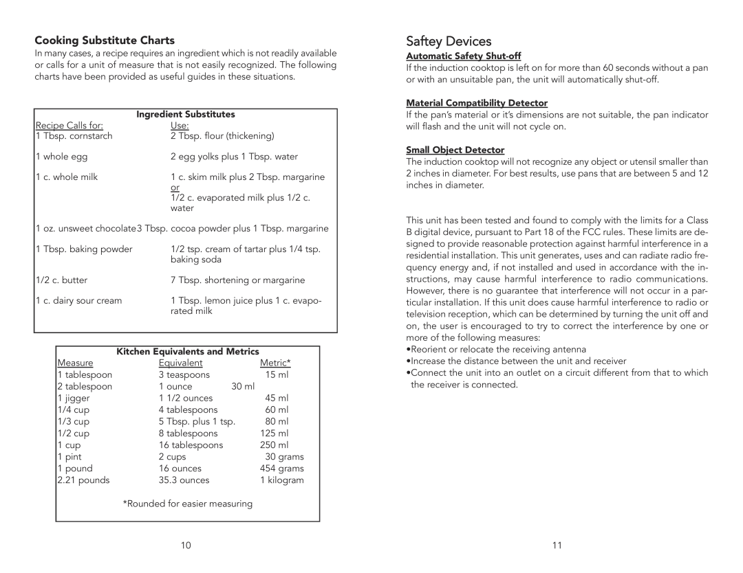 Viking F20111C manual Saftey Devices, Cooking Substitute Charts, Ingredient Substitutes, Kitchen Equivalents and Metrics 