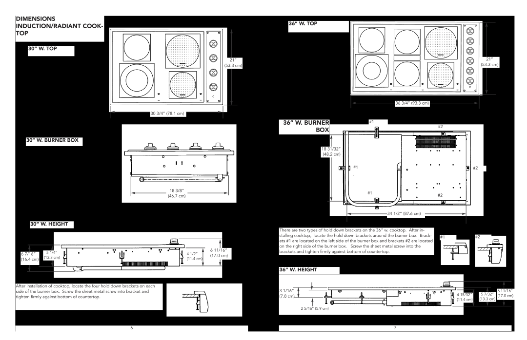 Viking F20112E manual Dimensions Induction/Radiant Cook Top, 36” W. BURNER, 30” W. TOP, 36” W. TOP, 30” W. BURNER BOX 