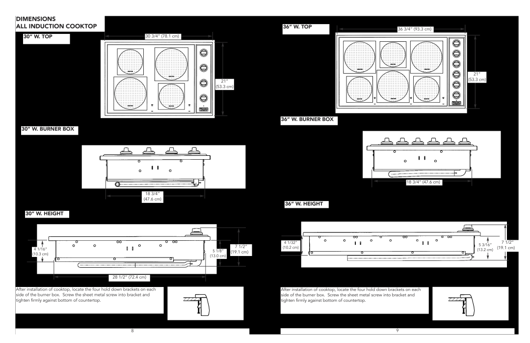 Viking F20112E manual Dimensions All Induction Cooktop, 4 1/16” 10.3 cm, 13.0 cm, 4 1/32” 10.2 cm, 5 3/16” 