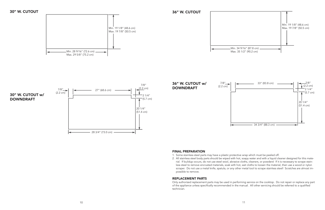 Viking F20112E manual 30” W. CUTOUT w DOWNDRAFT, 36” W. CUTOUT w DOWNDRAFT, Final Preparation, Replacement Parts 