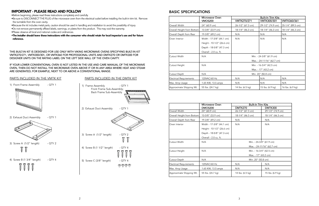 Viking F20196C EN manual Important Please Read and Follow, Basic Specifications 